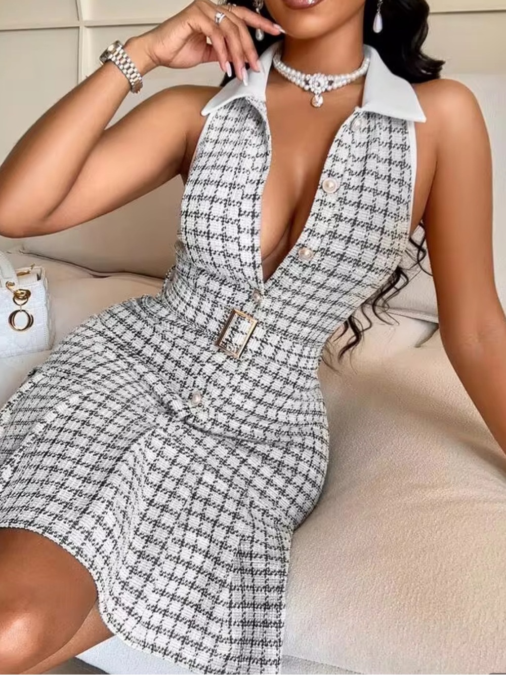 Sleeveless White and Black Houndstooth Collared Mini Dress